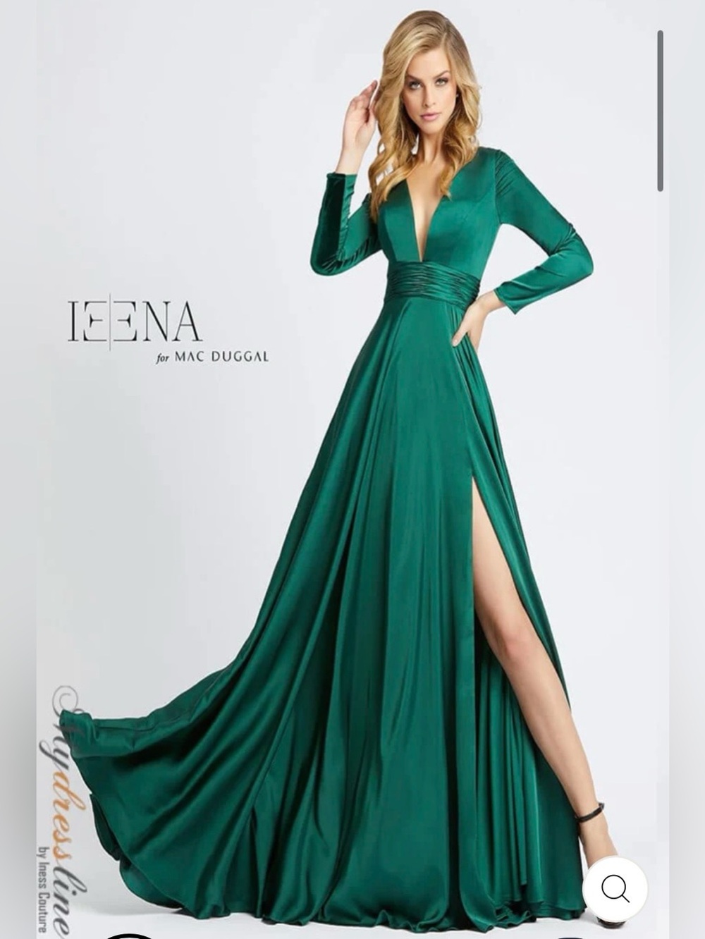 NWT Mac Duggal Long Sleeve Ruched Satin V-Neck Thigh Slit Gown Emerald Size 2
